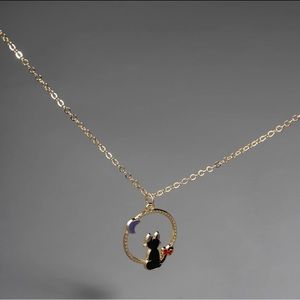 Gold Tone Cat & Moon Pendant Necklace | Black Cat Crescent Moon Jewelry